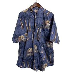 Woolrich shirt mens XL blue fishing boat palm tree hut Hawaiian tropical vintage